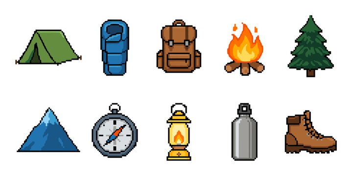 Camping and hiking pixel art icons collection featuring essential outdoor gear like a tent, backpack, campfire, and compass for adventure designs.
