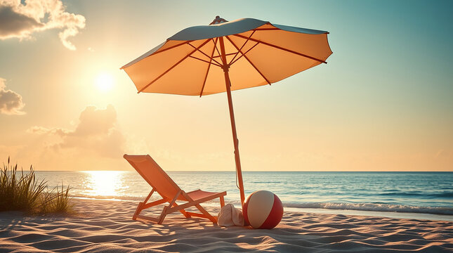summer beach scene with a sun umbrella, beach chair, and bal 