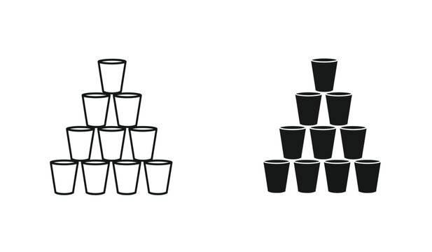A silhouette of two pyramid structures made of stacked cups one clear and one black on a white background showcasing different formations