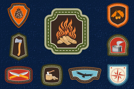 Camping badges set with campfire, retro vintage outdoor patches for camping, survival and adventure design. Vector