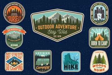 Obraz premium Camping lifestyle stickers set, retro vintage outdoor decals with quotes, forest, mountains and travel adventure patches. Vector