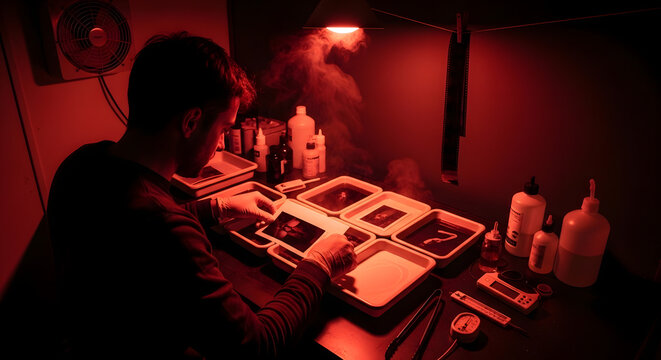 Man developing photographs in darkroom under red safety light