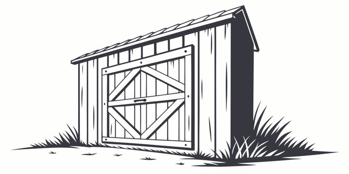A detailed illustration of a wooden shed with a double door in a grassy area.