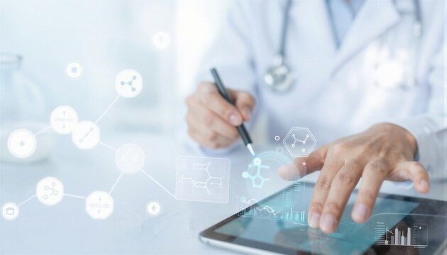 Un m&eacute;dico interact&uacute;a con una tableta mostrando datos moleculares, simbolizando la integraci&oacute;n de la tecnolog&iacute;a en la atenci&oacute;n m&eacute;dica.
