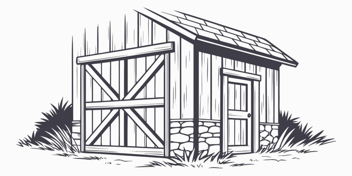 A small, rustic wooden shed with a pitched roof and a single door.