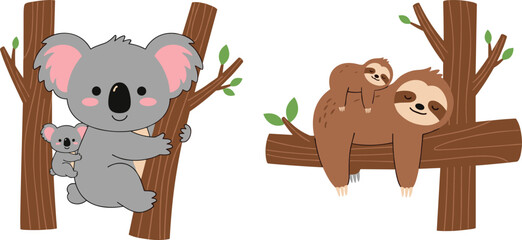Fototapeta premium Cute Koala and Sloth on Tree Branch Cartoon Wildlife Vector Illustration