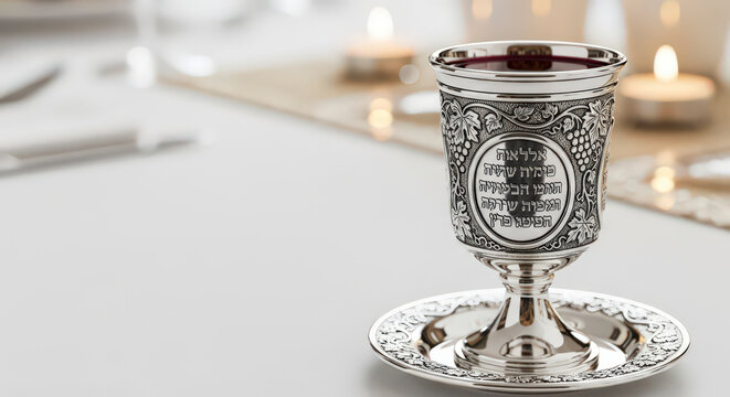 An ornate silver kiddush cup filled with red wine, resting on a matching saucer, on a white table cloth.