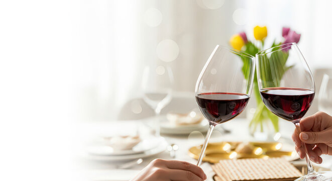 Two people toasting with glasses of red wine at festive passover dinner table with matzah bread and spring flowers in bright domestic room background.