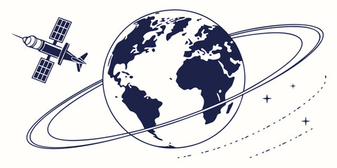 Satellite orbiting the earth with a space station in the background © AG