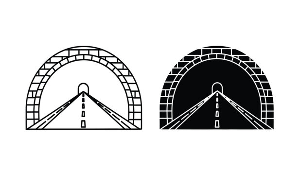 Silhouette of two brick archways with road leading to a vanishing point