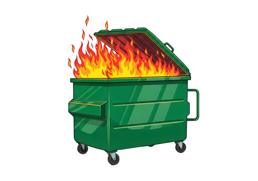 Green dumpster on fire with flames coming out of it isolated on transparent background