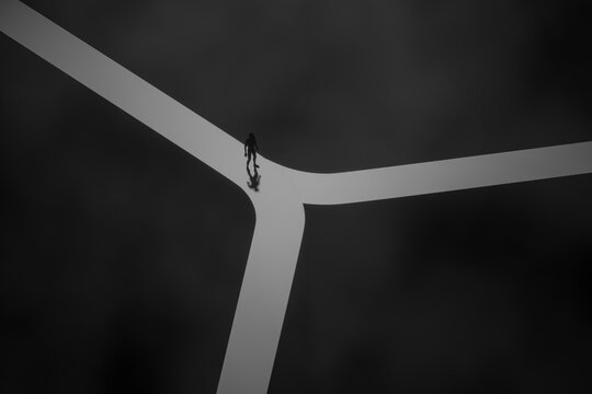 3D white path junction with lone silhouette in darkness