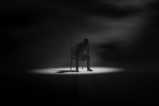 3D solitary chair spotlight with seated silhouette in shadow