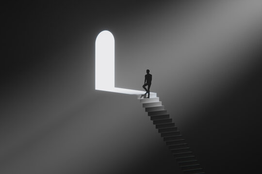 3D doorway light pause with silhouette on stair landing