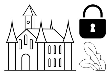 Fototapeta premium Security, protection, medieval architecture, fortresses, safety concepts, privacy. A gothic-style castle next to a padlock and simple leaves. Security and medieval architecture illustration