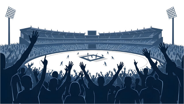 Crowd Cheering Cricket Match Stadium Vector, Dark Blue Silhouette, Sports Fan Celebration Illustration