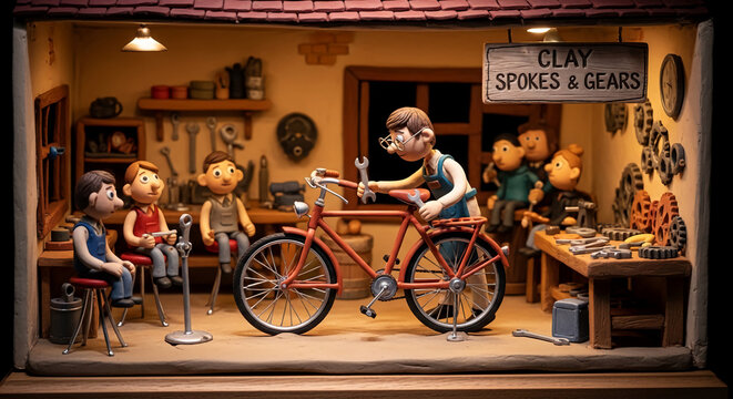 Miniature claymation mechanic repairing a bicycle in a workshop