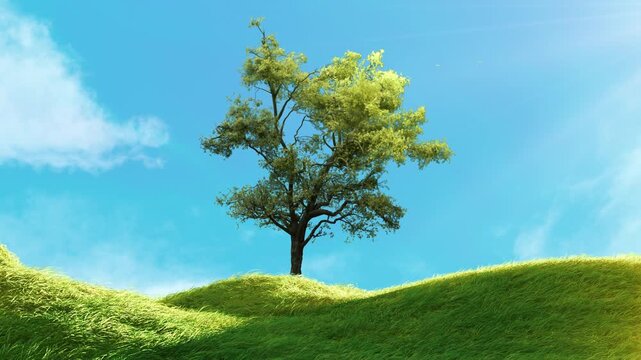 Beautiful video of a tree gently swaying in the wind with grass moving on rolling hills. Ideal for nature scenes, environmental projects, relaxation visuals, and outdoor backgrounds.