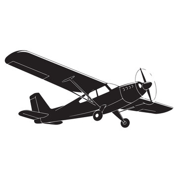 A detailed black silhouette of a vintage bush plane in flight silhouette