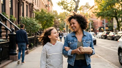 Obraz premium A woman and a young girl walking down a city street, enjoying a sunny day together.