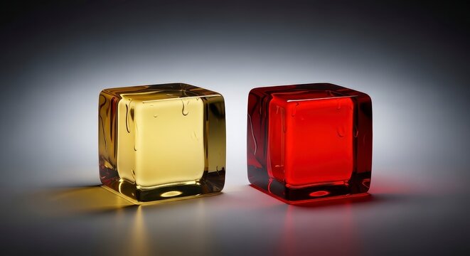 Two Glowing Glass Cubes in Gold and Ruby Red on Minimalist Gradient Background