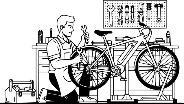 Electric bicycle mechanic man repairing e-bike in workshop vector icon
