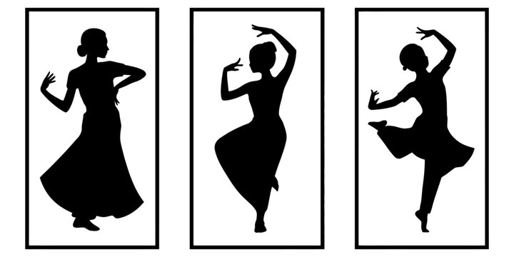Silhouettes of three indian classical dancers performing traditional mudras and poses in frames