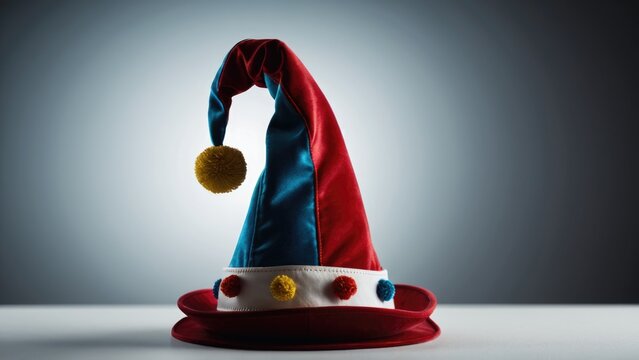 A bright and colorful image of two hats with long, fluffy pom poms in red and blue