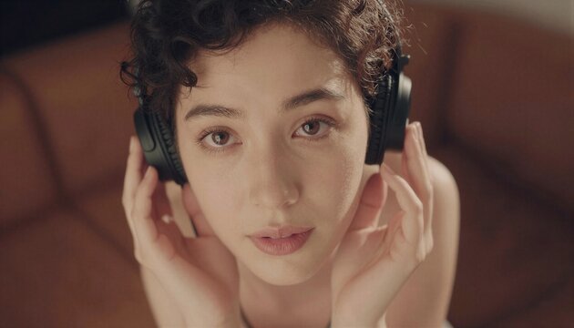 Retrato de una joven con auriculares, absorta en la m&uacute;sica.
