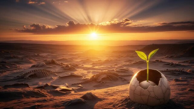 Green plant sprout growing inside broken dinosaur egg shell in desert. Landscape with ancient skeleton bones at sunrise. Concept of life after extinction event.