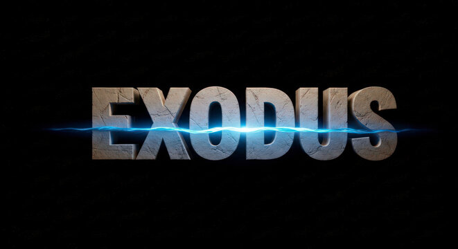 Exodus text in large stone block letters with bright blue energy lightning bolt across center set against dark black textured space background for pas.