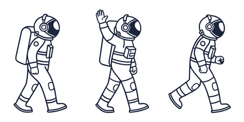 Three astronauts in space suits walking in a line on a flat surface. © AE