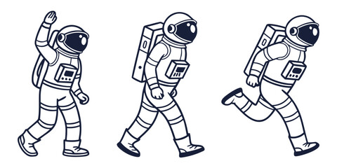 Three astronauts in space suits performing different activities in outer space © AE