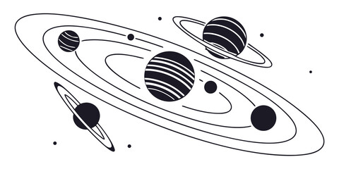 A detailed illustration of a solar system with planets and their orbits © AE