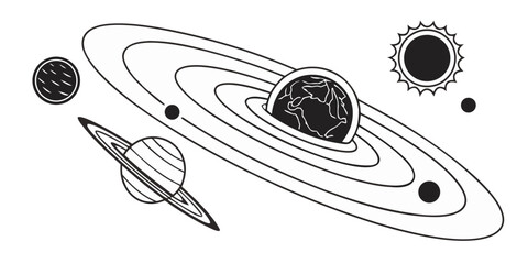 A detailed illustration of a solar system with planets and asteroids © AE