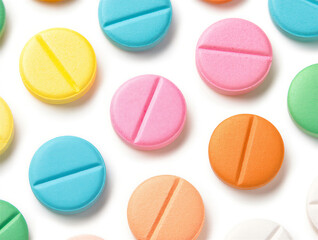 Obraz premium colorful pills isolated. colorful round pill, medication tablet for health and pharmaceutical use on white background 