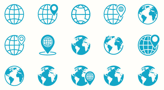 A collection of blue globe icons on a white background