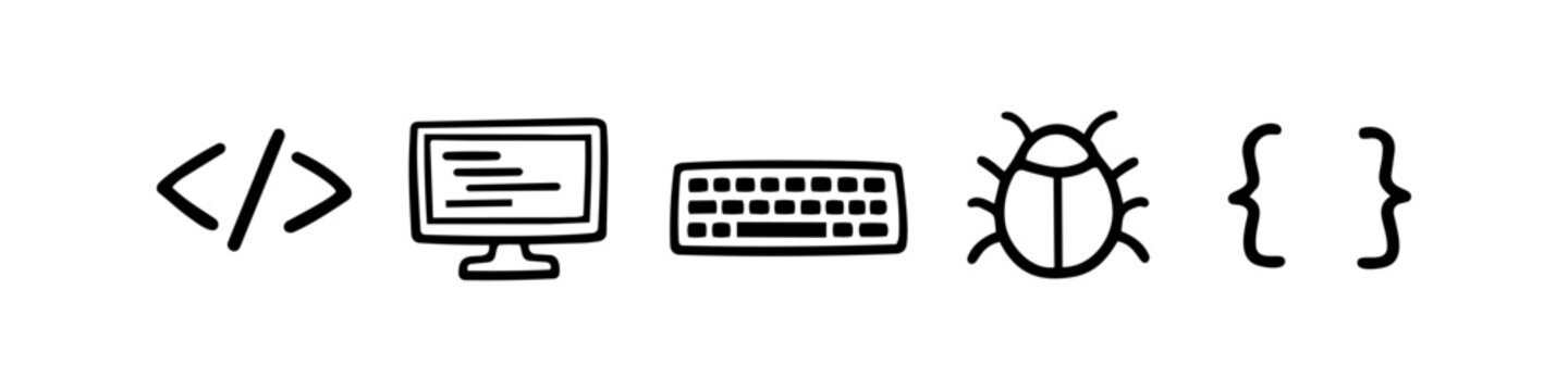 Hand-drawn doodle set of coding and software development icons featuring code tags, computer monitor, keyboard, bug, and curly braces on white background.