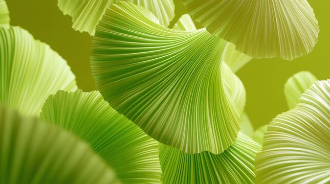 Abstract, organic and flowing forms with green leaf sculpture showcasing natural design, modern art and elegant botanical patterns in a studio setting. Innovation, growth and sustainability with