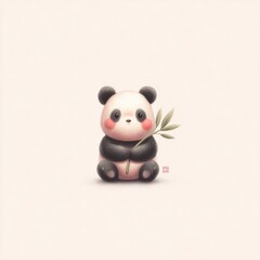 Naklejka premium Kawaii Style Panda Illustration With Bamboo on a Plain Background Featuring Soft Round Features and Cute Blush Cheeks in a Centered Setting