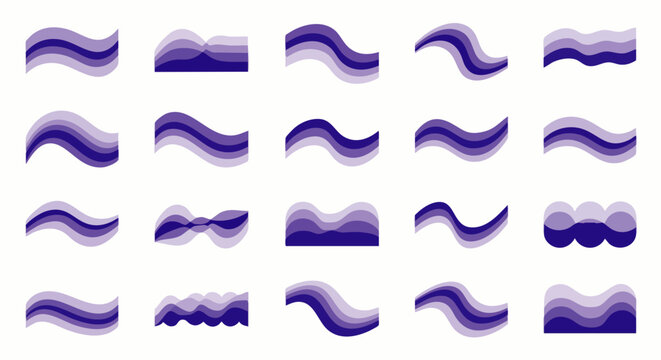 Collection of abstract purple wave shapes. Fluid gradient design elements, modern vector graphic resources for logos, backgrounds, or decorative patterns.