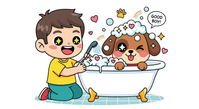 A cheerful young boy giving a playful brown dog a bath in a white bathtub with soap bubbles and colorful decorations.