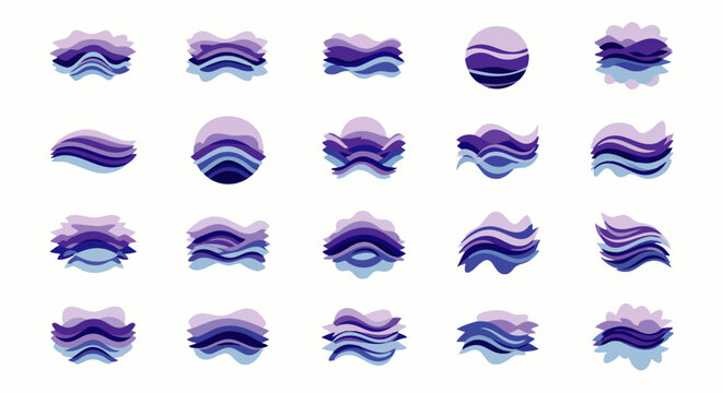 Abstract purple and blue wave shapes vector collection. Modern fluid gradient elements for design, water, liquid, or sound wave concepts. Set of dynamic graphic resources.