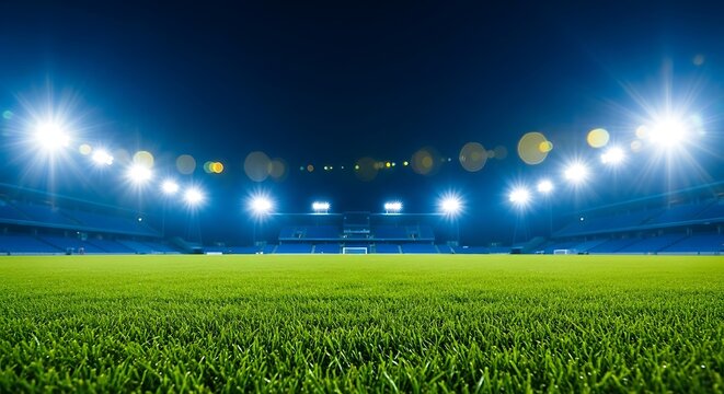empty soccer stadium with green grass and bright lights isolated on transparent background