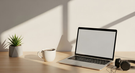 Fototapeta premium Minimalist home office setup with laptop, headphones, coffee, and a plant on a desk, bathed in natural light and shadows, perfect for productive remote work