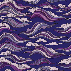 Fototapeta premium Seamless pattern of stylized purple and lavender waves with white clouds on a dark blue background, vector illustration in an oriental style.
