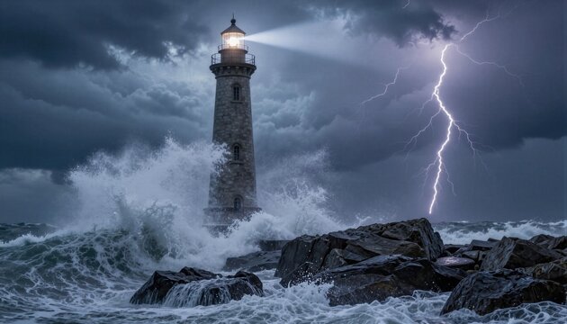 Un faro imponente desaf&iacute;a una furiosa tormenta marina.