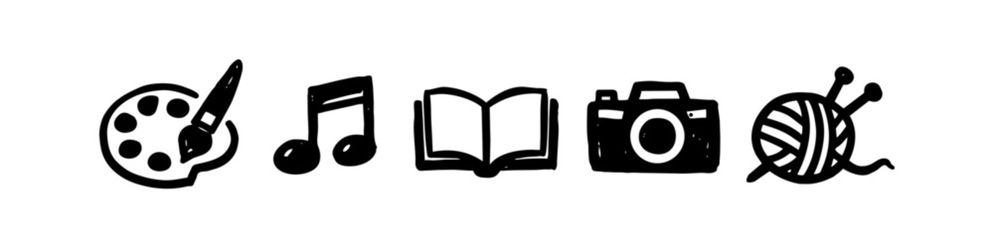 Hand-drawn icons representing creative hobbies: painting, music, reading, photography, and knitting. Simple black and white doodle style illustration of various artistic activities and pastimes.