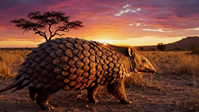 Ground pangolin wandering across savanna during golden sunset