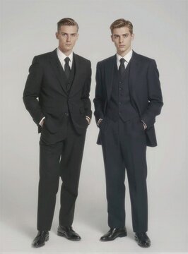 Dos hombres id&eacute;nticos vestidos con trajes oscuros posan uno frente al otro.